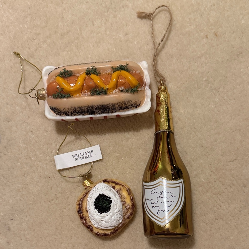 Williams Sonoma holiday ornament set - Champagne, Hot Dog and pita bread.